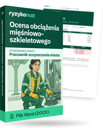 Pudełko dokumentu „Ocena obciążenia mięśniowo-szkieletowego” ze znakiem Ryzykomat i napisem „Plik Word (DOCX)” na froncie, ilustracja stanowiska „Pracownik oczyszczania miasta”; zza pudełka wystaje strona prawdziwego dokumentu z rozmytą treścią