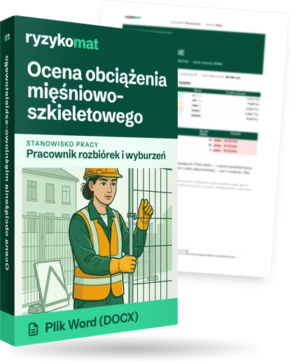 Pudełko dokumentu „Ocena obciążenia mięśniowo-szkieletowego” ze znakiem Ryzykomat i napisem „Plik Word (DOCX)” na froncie, ilustracja stanowiska „Pracownik rozbiórek i wyburzeń”; zza pudełka wystaje strona prawdziwego dokumentu z rozmytą treścią
