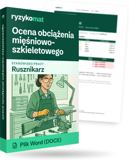 Pudełko dokumentu „Ocena obciążenia mięśniowo-szkieletowego” ze znakiem Ryzykomat i napisem „Plik Word (DOCX)” na froncie, ilustracja stanowiska „Rusznikarz”; zza pudełka wystaje strona prawdziwego dokumentu z rozmytą treścią
