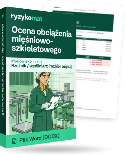 Pudełko dokumentu „Ocena obciążenia mięśniowo-szkieletowego” ze znakiem Ryzykomat i napisem „Plik Word (DOCX)” na froncie, ilustracja stanowiska „Rzeźnik / wędliniarz (rozbiór mięsa)”; zza pudełka wystaje strona prawdziwego dokumentu z rozmytą treścią