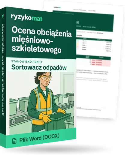 Pudełko dokumentu „Ocena obciążenia mięśniowo-szkieletowego” ze znakiem Ryzykomat i napisem „Plik Word (DOCX)” na froncie, ilustracja stanowiska „Sortowacz odpadów”; zza pudełka wystaje strona prawdziwego dokumentu z rozmytą treścią