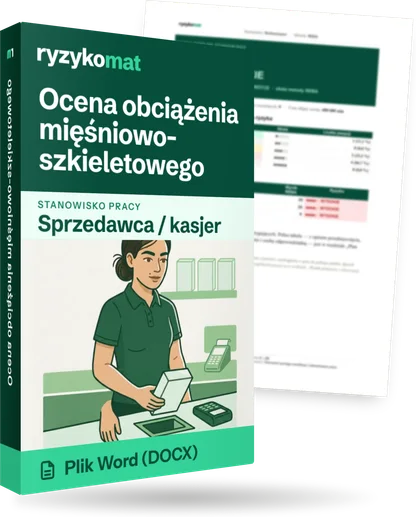 Pudełko dokumentu „Ocena obciążenia mięśniowo-szkieletowego” ze znakiem Ryzykomat i napisem „Plik Word (DOCX)” na froncie, ilustracja stanowiska „Sprzedawca / kasjer”; zza pudełka wystaje strona prawdziwego dokumentu z rozmytą treścią