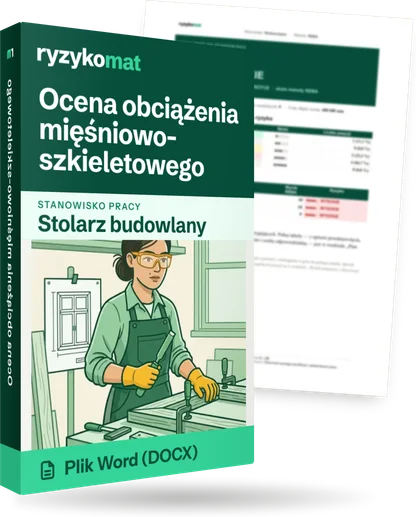Pudełko dokumentu „Ocena obciążenia mięśniowo-szkieletowego” ze znakiem Ryzykomat i napisem „Plik Word (DOCX)” na froncie, ilustracja stanowiska „Stolarz budowlany”; zza pudełka wystaje strona prawdziwego dokumentu z rozmytą treścią