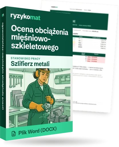 Pudełko dokumentu „Ocena obciążenia mięśniowo-szkieletowego” ze znakiem Ryzykomat i napisem „Plik Word (DOCX)” na froncie, ilustracja stanowiska „Szlifierz metali”; zza pudełka wystaje strona prawdziwego dokumentu z rozmytą treścią
