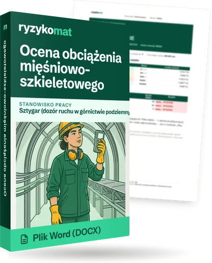 Pudełko dokumentu „Ocena obciążenia mięśniowo-szkieletowego” ze znakiem Ryzykomat i napisem „Plik Word (DOCX)” na froncie, ilustracja stanowiska „Sztygar (dozór ruchu w górnictwie podziemnym)”; zza pudełka wystaje strona prawdziwego dokumentu z rozmytą treścią