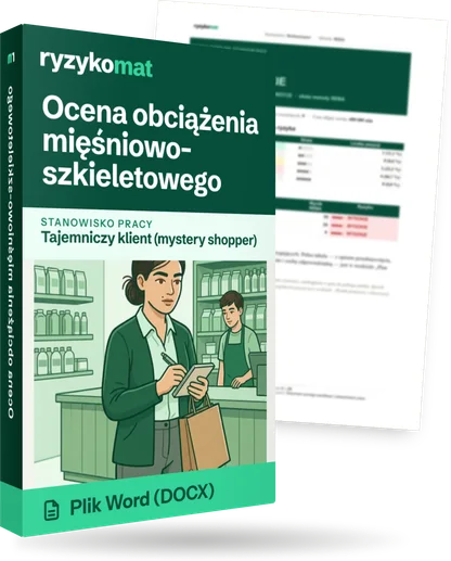 Pudełko dokumentu „Ocena obciążenia mięśniowo-szkieletowego” ze znakiem Ryzykomat i napisem „Plik Word (DOCX)” na froncie, ilustracja stanowiska „Tajemniczy klient (mystery shopper)”; zza pudełka wystaje strona prawdziwego dokumentu z rozmytą treścią