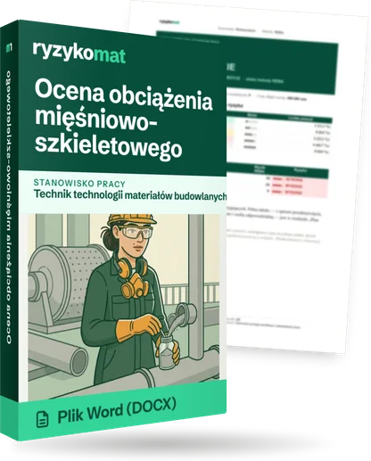 Pudełko dokumentu „Ocena obciążenia mięśniowo-szkieletowego” ze znakiem Ryzykomat i napisem „Plik Word (DOCX)” na froncie, ilustracja stanowiska „Technik technologii materiałów budowlanych”; zza pudełka wystaje strona prawdziwego dokumentu z rozmytą treścią