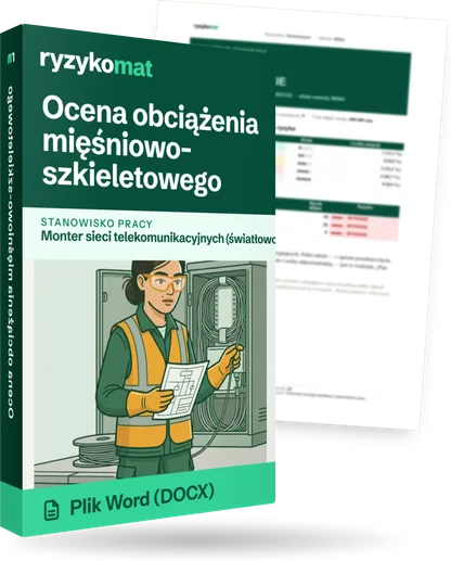 Pudełko dokumentu „Ocena obciążenia mięśniowo-szkieletowego” ze znakiem Ryzykomat i napisem „Plik Word (DOCX)” na froncie, ilustracja stanowiska „Monter sieci telekomunikacyjnych (światłowody)”; zza pudełka wystaje strona prawdziwego dokumentu z rozmytą treścią