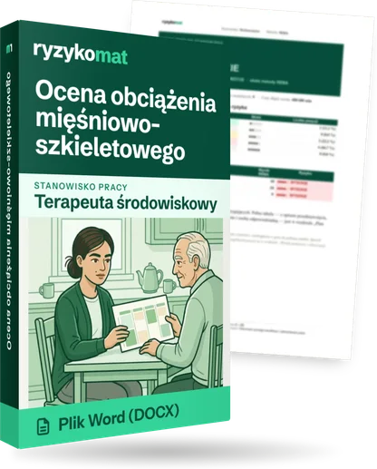 Pudełko dokumentu „Ocena obciążenia mięśniowo-szkieletowego” ze znakiem Ryzykomat i napisem „Plik Word (DOCX)” na froncie, ilustracja stanowiska „Terapeuta środowiskowy”; zza pudełka wystaje strona prawdziwego dokumentu z rozmytą treścią