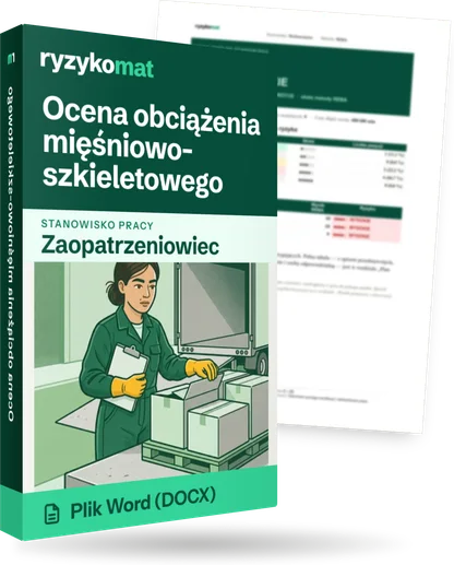 Pudełko dokumentu „Ocena obciążenia mięśniowo-szkieletowego” ze znakiem Ryzykomat i napisem „Plik Word (DOCX)” na froncie, ilustracja stanowiska „Zaopatrzeniowiec”; zza pudełka wystaje strona prawdziwego dokumentu z rozmytą treścią