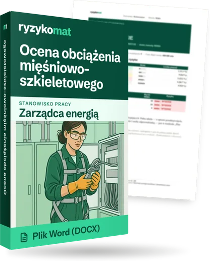 Pudełko dokumentu „Ocena obciążenia mięśniowo-szkieletowego” ze znakiem Ryzykomat i napisem „Plik Word (DOCX)” na froncie, ilustracja stanowiska „Zarządca energią”; zza pudełka wystaje strona prawdziwego dokumentu z rozmytą treścią