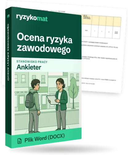 Pudełko dokumentu „Ocena ryzyka zawodowego” ze znakiem Ryzykomat i napisem „Plik Word (DOCX)” na froncie, ilustracja stanowiska „Ankieter”; zza pudełka wystaje strona prawdziwego dokumentu z rozmytą treścią