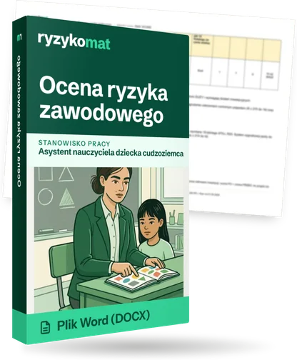 Pudełko dokumentu „Ocena ryzyka zawodowego” ze znakiem Ryzykomat i napisem „Plik Word (DOCX)” na froncie, ilustracja stanowiska „Asystent nauczyciela dziecka cudzoziemca”; zza pudełka wystaje strona prawdziwego dokumentu z rozmytą treścią