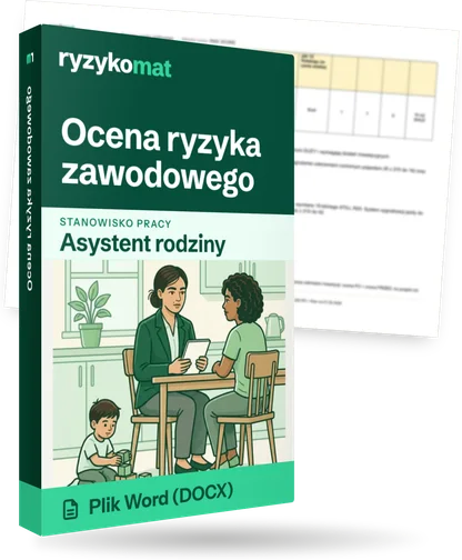 Pudełko dokumentu „Ocena ryzyka zawodowego” ze znakiem Ryzykomat i napisem „Plik Word (DOCX)” na froncie, ilustracja stanowiska „Asystent rodziny”; zza pudełka wystaje strona prawdziwego dokumentu z rozmytą treścią