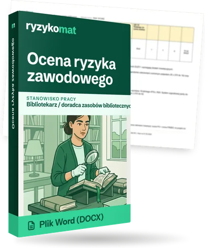 Pudełko dokumentu „Ocena ryzyka zawodowego” ze znakiem Ryzykomat i napisem „Plik Word (DOCX)” na froncie, ilustracja stanowiska „Bibliotekarz / doradca zasobów bibliotecznych”; zza pudełka wystaje strona prawdziwego dokumentu z rozmytą treścią