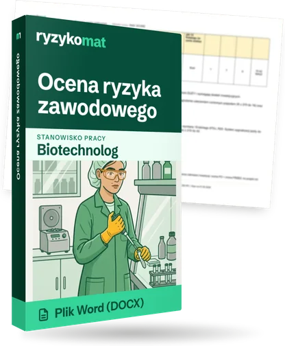 Pudełko dokumentu „Ocena ryzyka zawodowego” ze znakiem Ryzykomat i napisem „Plik Word (DOCX)” na froncie, ilustracja stanowiska „Biotechnolog”; zza pudełka wystaje strona prawdziwego dokumentu z rozmytą treścią