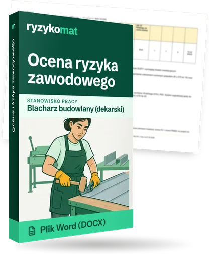 Pudełko dokumentu „Ocena ryzyka zawodowego” ze znakiem Ryzykomat i napisem „Plik Word (DOCX)” na froncie, ilustracja stanowiska „Blacharz budowlany (dekarski)”; zza pudełka wystaje strona prawdziwego dokumentu z rozmytą treścią