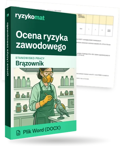 Pudełko dokumentu „Ocena ryzyka zawodowego” ze znakiem Ryzykomat i napisem „Plik Word (DOCX)” na froncie, ilustracja stanowiska „Brązownik”; zza pudełka wystaje strona prawdziwego dokumentu z rozmytą treścią