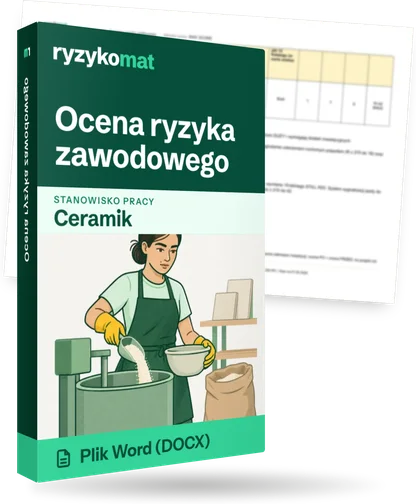 Pudełko dokumentu „Ocena ryzyka zawodowego” ze znakiem Ryzykomat i napisem „Plik Word (DOCX)” na froncie, ilustracja stanowiska „Ceramik”; zza pudełka wystaje strona prawdziwego dokumentu z rozmytą treścią