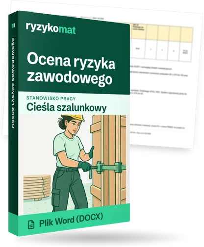 Pudełko dokumentu „Ocena ryzyka zawodowego” ze znakiem Ryzykomat i napisem „Plik Word (DOCX)” na froncie, ilustracja stanowiska „Cieśla szalunkowy”; zza pudełka wystaje strona prawdziwego dokumentu z rozmytą treścią