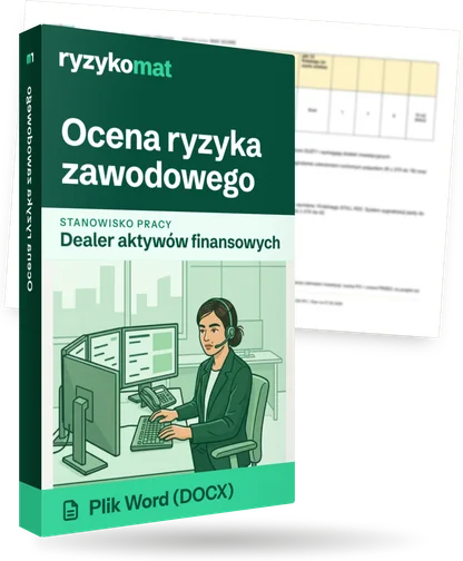 Pudełko dokumentu „Ocena ryzyka zawodowego” ze znakiem Ryzykomat i napisem „Plik Word (DOCX)” na froncie, ilustracja stanowiska „Dealer aktywów finansowych”; zza pudełka wystaje strona prawdziwego dokumentu z rozmytą treścią