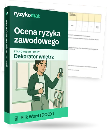 Pudełko dokumentu „Ocena ryzyka zawodowego” ze znakiem Ryzykomat i napisem „Plik Word (DOCX)” na froncie, ilustracja stanowiska „Dekorator wnętrz”; zza pudełka wystaje strona prawdziwego dokumentu z rozmytą treścią