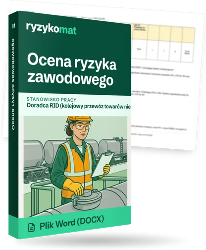 Pudełko dokumentu „Ocena ryzyka zawodowego” ze znakiem Ryzykomat i napisem „Plik Word (DOCX)” na froncie, ilustracja stanowiska „Doradca RID (kolejowy przewóz towarów niebezpiecznych)”; zza pudełka wystaje strona prawdziwego dokumentu z rozmytą treścią