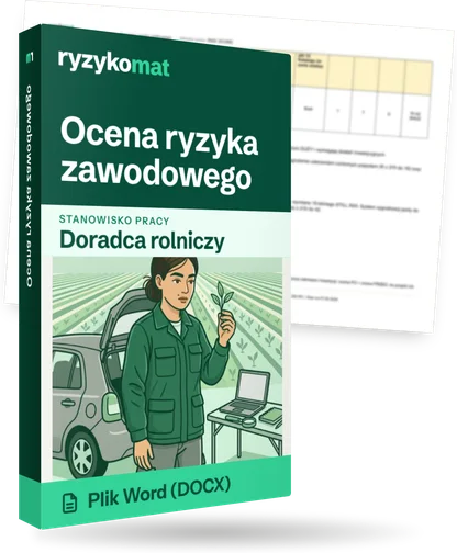 Pudełko dokumentu „Ocena ryzyka zawodowego” ze znakiem Ryzykomat i napisem „Plik Word (DOCX)” na froncie, ilustracja stanowiska „Doradca rolniczy”; zza pudełka wystaje strona prawdziwego dokumentu z rozmytą treścią