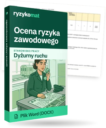 Pudełko dokumentu „Ocena ryzyka zawodowego” ze znakiem Ryzykomat i napisem „Plik Word (DOCX)” na froncie, ilustracja stanowiska „Dyżurny ruchu”; zza pudełka wystaje strona prawdziwego dokumentu z rozmytą treścią