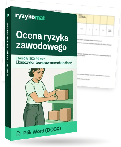 Pudełko dokumentu „Ocena ryzyka zawodowego” ze znakiem Ryzykomat i napisem „Plik Word (DOCX)” na froncie, ilustracja stanowiska „Ekspozytor towarów (merchandiser)”; zza pudełka wystaje strona prawdziwego dokumentu z rozmytą treścią