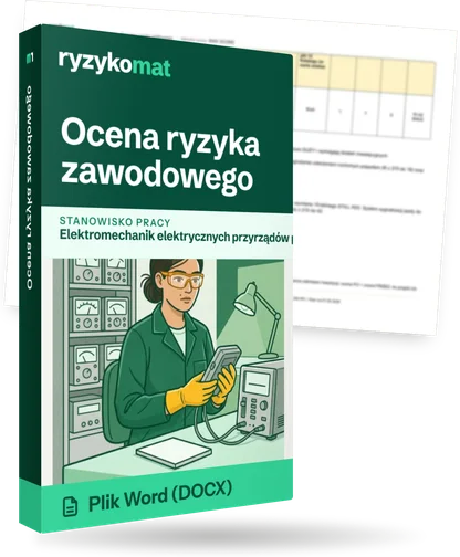Pudełko dokumentu „Ocena ryzyka zawodowego” ze znakiem Ryzykomat i napisem „Plik Word (DOCX)” na froncie, ilustracja stanowiska „Elektromechanik elektrycznych przyrządów pomiarowych”; zza pudełka wystaje strona prawdziwego dokumentu z rozmytą treścią
