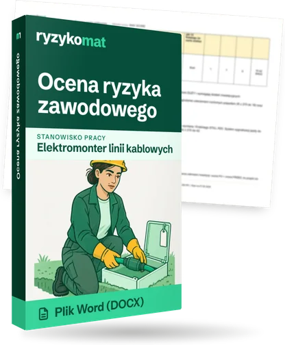 Pudełko dokumentu „Ocena ryzyka zawodowego” ze znakiem Ryzykomat i napisem „Plik Word (DOCX)” na froncie, ilustracja stanowiska „Elektromonter linii kablowych”; zza pudełka wystaje strona prawdziwego dokumentu z rozmytą treścią