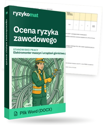 Pudełko dokumentu „Ocena ryzyka zawodowego” ze znakiem Ryzykomat i napisem „Plik Word (DOCX)” na froncie, ilustracja stanowiska „Elektromonter maszyn i urządzeń górnictwa podziemnego”; zza pudełka wystaje strona prawdziwego dokumentu z rozmytą treścią