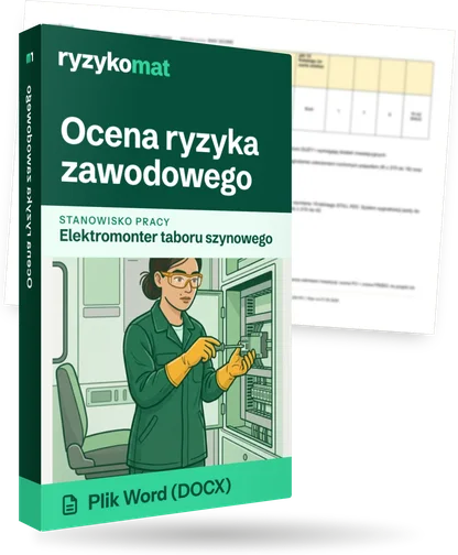 Pudełko dokumentu „Ocena ryzyka zawodowego” ze znakiem Ryzykomat i napisem „Plik Word (DOCX)” na froncie, ilustracja stanowiska „Elektromonter taboru szynowego”; zza pudełka wystaje strona prawdziwego dokumentu z rozmytą treścią