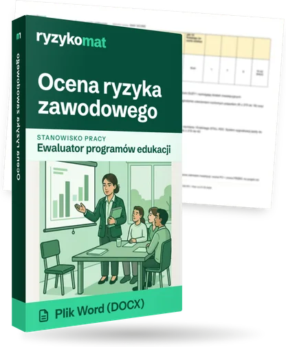 Pudełko dokumentu „Ocena ryzyka zawodowego” ze znakiem Ryzykomat i napisem „Plik Word (DOCX)” na froncie, ilustracja stanowiska „Ewaluator programów edukacji”; zza pudełka wystaje strona prawdziwego dokumentu z rozmytą treścią