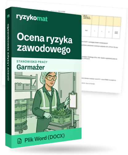 Pudełko dokumentu „Ocena ryzyka zawodowego” ze znakiem Ryzykomat i napisem „Plik Word (DOCX)” na froncie, ilustracja stanowiska „Garmażer”; zza pudełka wystaje strona prawdziwego dokumentu z rozmytą treścią