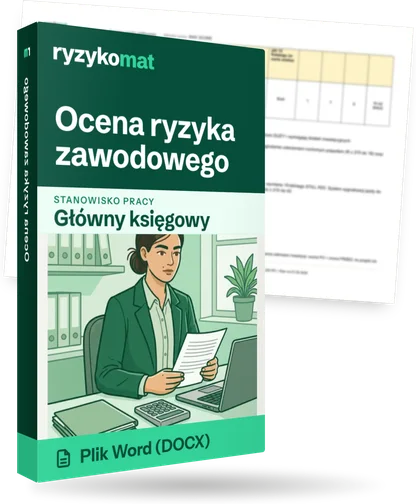 Pudełko dokumentu „Ocena ryzyka zawodowego” ze znakiem Ryzykomat i napisem „Plik Word (DOCX)” na froncie, ilustracja stanowiska „Główny księgowy”; zza pudełka wystaje strona prawdziwego dokumentu z rozmytą treścią
