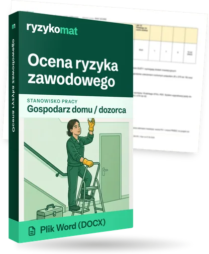Pudełko dokumentu „Ocena ryzyka zawodowego” ze znakiem Ryzykomat i napisem „Plik Word (DOCX)” na froncie, ilustracja stanowiska „Gospodarz domu / dozorca”; zza pudełka wystaje strona prawdziwego dokumentu z rozmytą treścią