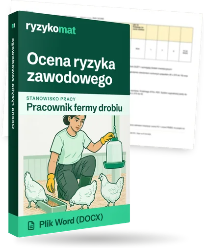 Pudełko dokumentu „Ocena ryzyka zawodowego” ze znakiem Ryzykomat i napisem „Plik Word (DOCX)” na froncie, ilustracja stanowiska „Pracownik fermy drobiu”; zza pudełka wystaje strona prawdziwego dokumentu z rozmytą treścią