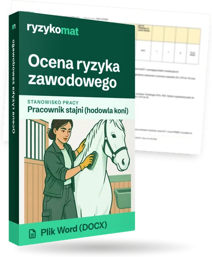 Pudełko dokumentu „Ocena ryzyka zawodowego” ze znakiem Ryzykomat i napisem „Plik Word (DOCX)” na froncie, ilustracja stanowiska „Pracownik stajni (hodowla koni)”; zza pudełka wystaje strona prawdziwego dokumentu z rozmytą treścią