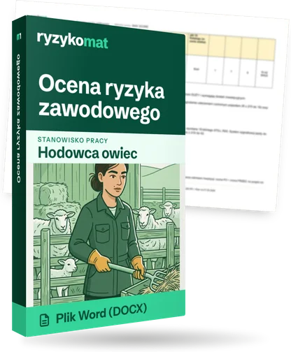 Pudełko dokumentu „Ocena ryzyka zawodowego” ze znakiem Ryzykomat i napisem „Plik Word (DOCX)” na froncie, ilustracja stanowiska „Hodowca owiec”; zza pudełka wystaje strona prawdziwego dokumentu z rozmytą treścią