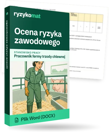 Pudełko dokumentu „Ocena ryzyka zawodowego” ze znakiem Ryzykomat i napisem „Plik Word (DOCX)” na froncie, ilustracja stanowiska „Pracownik fermy trzody chlewnej”; zza pudełka wystaje strona prawdziwego dokumentu z rozmytą treścią