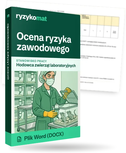 Pudełko dokumentu „Ocena ryzyka zawodowego” ze znakiem Ryzykomat i napisem „Plik Word (DOCX)” na froncie, ilustracja stanowiska „Hodowca zwierząt laboratoryjnych”; zza pudełka wystaje strona prawdziwego dokumentu z rozmytą treścią
