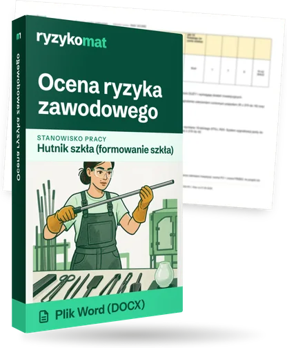 Pudełko dokumentu „Ocena ryzyka zawodowego” ze znakiem Ryzykomat i napisem „Plik Word (DOCX)” na froncie, ilustracja stanowiska „Hutnik szkła (formowanie szkła)”; zza pudełka wystaje strona prawdziwego dokumentu z rozmytą treścią