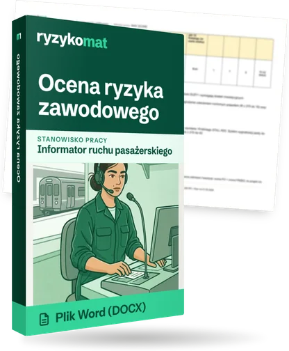 Pudełko dokumentu „Ocena ryzyka zawodowego” ze znakiem Ryzykomat i napisem „Plik Word (DOCX)” na froncie, ilustracja stanowiska „Informator ruchu pasażerskiego”; zza pudełka wystaje strona prawdziwego dokumentu z rozmytą treścią