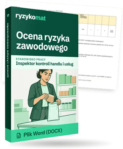 Pudełko dokumentu „Ocena ryzyka zawodowego” ze znakiem Ryzykomat i napisem „Plik Word (DOCX)” na froncie, ilustracja stanowiska „Inspektor kontroli handlu i usług”; zza pudełka wystaje strona prawdziwego dokumentu z rozmytą treścią