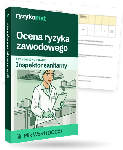 Pudełko dokumentu „Ocena ryzyka zawodowego” ze znakiem Ryzykomat i napisem „Plik Word (DOCX)” na froncie, ilustracja stanowiska „Inspektor sanitarny”; zza pudełka wystaje strona prawdziwego dokumentu z rozmytą treścią