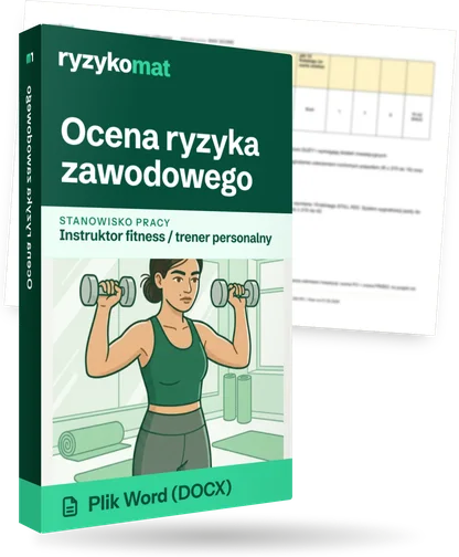 Pudełko dokumentu „Ocena ryzyka zawodowego” ze znakiem Ryzykomat i napisem „Plik Word (DOCX)” na froncie, ilustracja stanowiska „Instruktor fitness / trener personalny”; zza pudełka wystaje strona prawdziwego dokumentu z rozmytą treścią