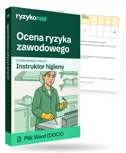 Pudełko dokumentu „Ocena ryzyka zawodowego” ze znakiem Ryzykomat i napisem „Plik Word (DOCX)” na froncie, ilustracja stanowiska „Instruktor higieny”; zza pudełka wystaje strona prawdziwego dokumentu z rozmytą treścią