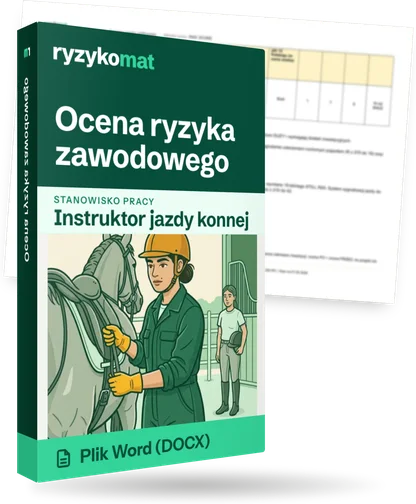 Pudełko dokumentu „Ocena ryzyka zawodowego” ze znakiem Ryzykomat i napisem „Plik Word (DOCX)” na froncie, ilustracja stanowiska „Instruktor jazdy konnej”; zza pudełka wystaje strona prawdziwego dokumentu z rozmytą treścią